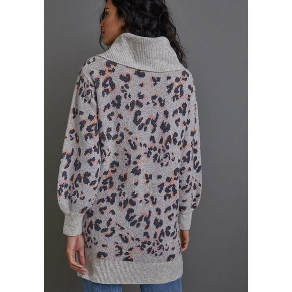 Anthropologie Sweaters - Anthropologie Emmy Cowl Neck Tunic Sweater Leopard Print Beige Pink Orange Sz M